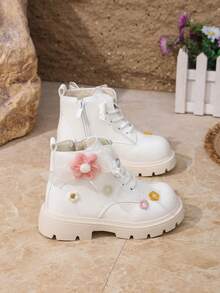 Autumn/Winter Sweet Floral Girls' Boots, Thermal Lined, Soft Sole, Anti-Slip, Stylish White Princess Ankle Boots - White - View 4