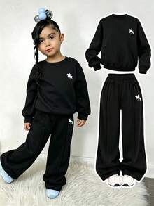 Young Girl Cartoon Print Round Neck Long Sleeve Top And Pants - Black - View 1