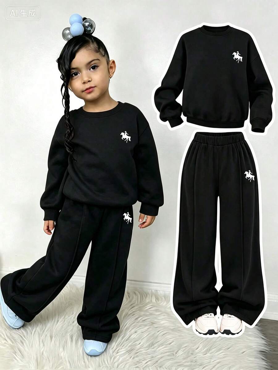 Young Girl Cartoon Print Round Neck Long Sleeve Top And Pants - Black - View 1