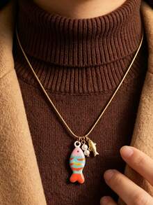 1pc Fall Decor Colorful Cartoon Fish Pendant Necklace Snake Chain With Small Fish Pearl Charms Ocean Style Clavicle Necklace Women Fall Tyle Jewelry - Necklace - View 2