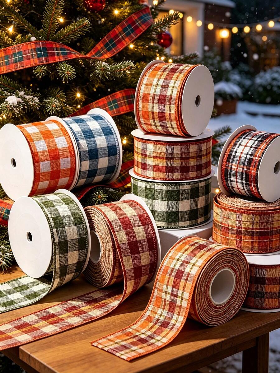 1pc Autumn Thanksgiving Plaid Handmade Ribbon, Suitable For Gift Wrapping, Bow Making, Table And Home Party Decor, Suitable For Autumn Harvest, DIY Crafts, Decorative Trees, Wreaths, Halloween And Holiday Decor, Thanksgiving Autumn Festival Gift Wrapping - Multicolor - View 1