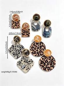 Betykuku 8pcs European & American Fashion Cat Eye Acrylic Square & Round Pendant Earrings - 4 Pairs Leopard Print - View 6