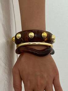 3/1pc Vintage Elegant Fashion Acrylic Marbled Wave Bracelet Set, CCB Smooth Plain Bangle, Suitable For Women's Daily Wear - Multicolor - View 5