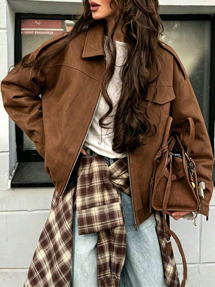 Autumn/Winter New Dark Brown Suede Collar Epaulettes Patch Pockets Zipper Elastic Hem Baseball Jacket Casual Vacation Minimalist Commute Style Faux Pockets Daily Date Travel