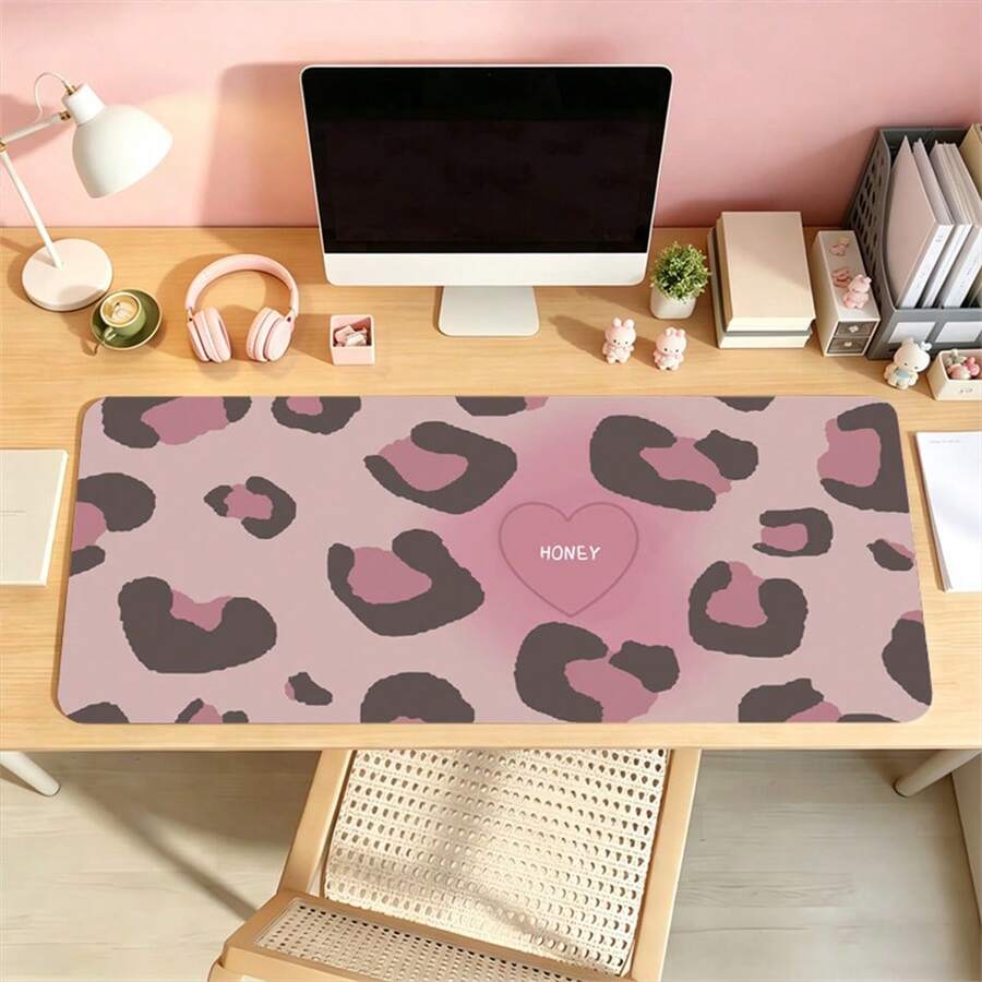 Sweet Y2K Style Pink Leopard Leather Desk Pad, Honey Heart Graphic Waterproof Oilproof Extended Mousepad Leather, Aesthetic Desk Decor For Girls - View 1