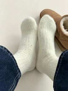 1/3/6 Pairs Solid Color Polka Dot Fuzzy Knitted Socks, Long/Mid-Calf Thermal Lined Warm Socks, Autumn/Winter Ins Style - Multicolor - View 8