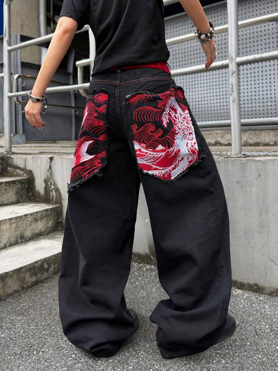 Infinite Jeans 1pc American Street Fashion Men's Large Pocket Embroidered Wide Leg Loose Comfortable All Season Denim Jeans Long Pants (Product Does Not Include Belt And Accessories) - Black - View 1