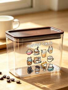 Cute Cup Cat And "Coffee Cats" Letter Pattern Coffee Storage Box, Sealed Plastic Food Jar, Large Capacity, Dustproof And Moisture-Proof, Kitchen Countertop Coffee Area Storage Box, Decoration, Kitchen Countertop Storage, Coffee Enthusiast Gift - Multicolor - View 1