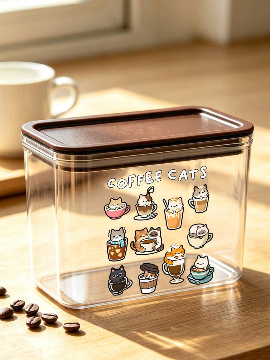 Cute Cup Cat And "Coffee Cats" Letter Pattern Coffee Storage Box, Sealed Plastic Food Jar, Large Capacity, Dustproof And Moisture-Proof, Kitchen Countertop Coffee Area Storage Box, Decoration, Kitchen Countertop Storage, Coffee Enthusiast Gift - Multicolor - View 1