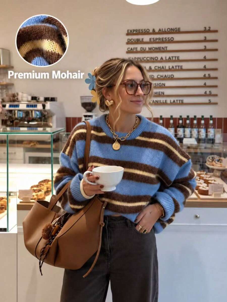 Women's Loose Round Neck Colorblock Striped Long Sleeve Knit Sweater, Vintage Casual Daily Versatile Commuter Top, Suitable For Vacation And Autumn