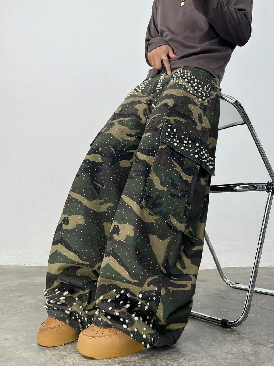 Justice Brother 1 buah Celana Jeans Denim Pria Gaya Jalanan Amerika dengan Desain Personalisasi dan Hiasan Berlian Imitasi, Celana Kargo Multi-Saku, Model Cocoon, Kaki Lebar, Longgar, dan Melengkung (Sabuk/Aksesoris Tidak Termasuk) - MultiWarna - View 1