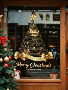 1pc Christmas Gold Window Static Cling Sticker, Christmas Tree / Gift Box / Wreath Pattern Electrostatic Adsorption PVC Window Decal, Glue-Free Easy Removal, Suitable For Home, Bathroom, Shop Glass, Holiday Atmosphere Decoration - Gold - View 10