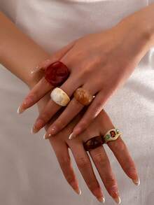 5pcs/Set Vintage Tie Dye Resin Wide Band Ring Set Amber Texture Niche Design Stackable Index Finger Rings Elegant - Multicolor - View 4