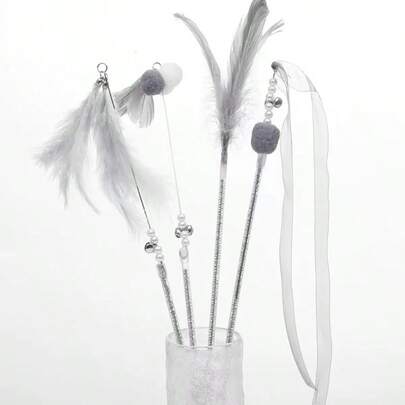 4pcs Cat Teaser Toy Set, Feather Flower Tassel Cartoon Design Cat Teaser Toys, Suitable For Indoor Play, Cat Toys, Cat Supplies