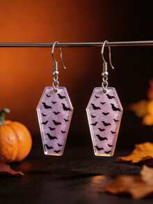 1 Pair Light Pink Marble Coffin & Black Bat 2D Flat Acrylic Pendant Earrings, Women's Halloween Party Decoration, No Packaging Box - Earrings - View 1