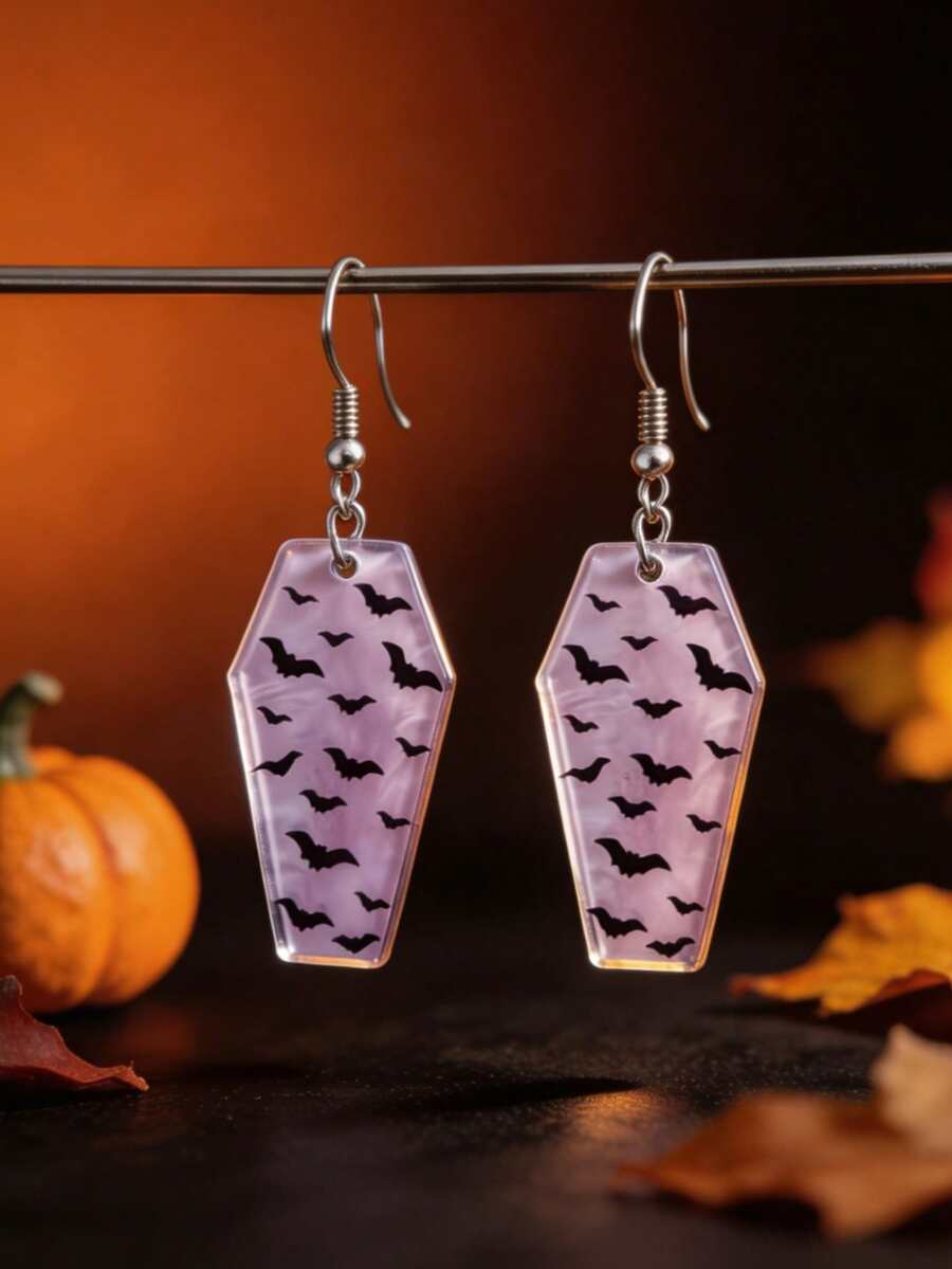 1 Pair Light Pink Marble Coffin & Black Bat 2D Flat Acrylic Pendant Earrings, Women's Halloween Party Decoration, No Packaging Box - Earrings - View 1