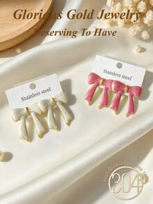 2 Pairs Sweet Elegant Minimalist Versatile Bow Earrings, Fashionable White & Pink Enamel Bow Earrings, Women's Autumn Earrings, Suitable For Daily Wear, Parties, Vacations, Dates And Other Occasions. They Are Accessories And Also The Best Gift Option For Female Friends On Halloween/Christmas And Other Holidays. - Drip Oil Earrings Set - View 1