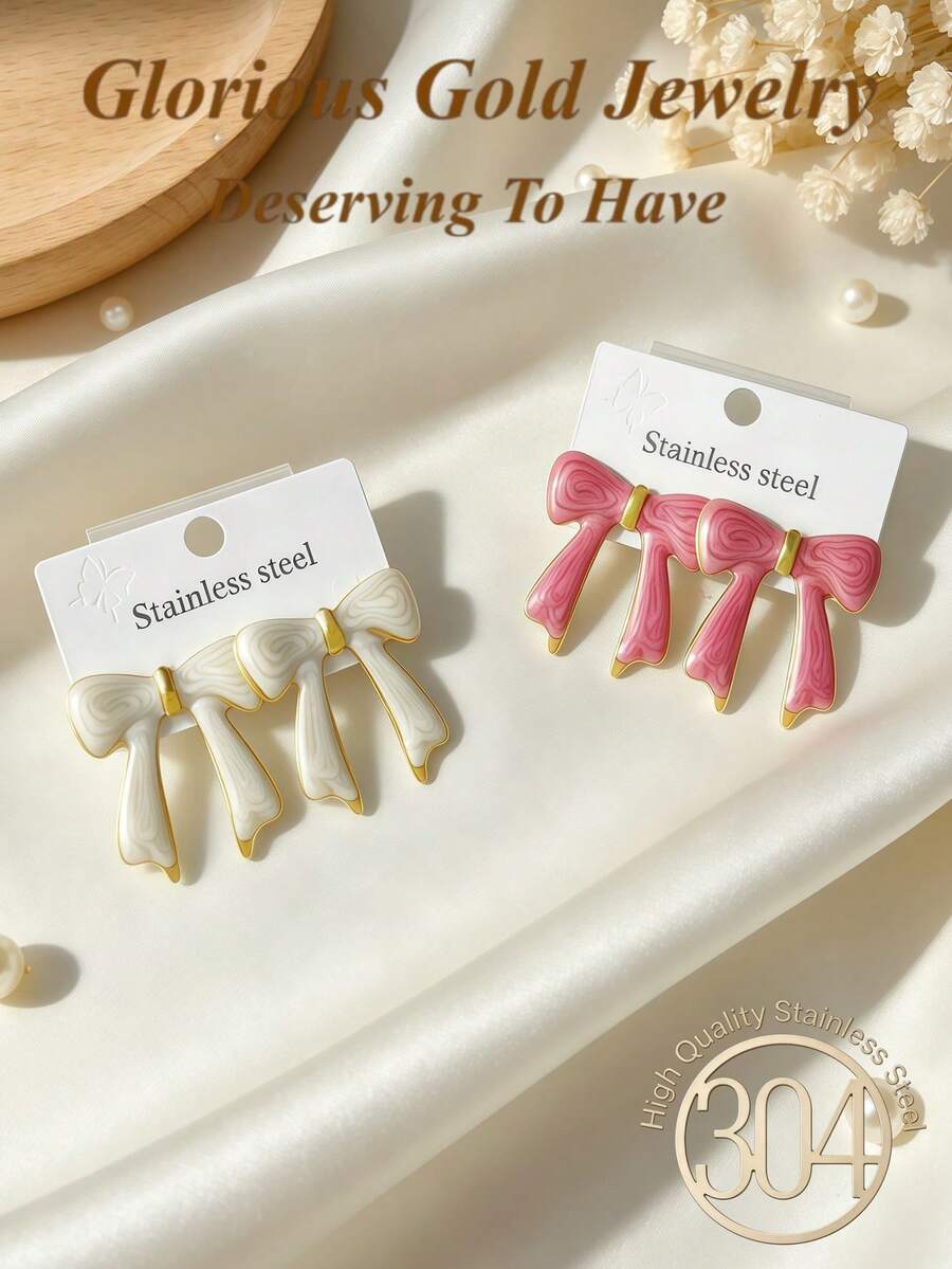 2 Pairs Sweet Elegant Minimalist Versatile Bow Earrings, Fashionable White & Pink Enamel Bow Earrings, Women's Autumn Earrings, Suitable For Daily Wear, Parties, Vacations, Dates And Other Occasions. They Are Accessories And Also The Best Gift Option For Female Friends On Halloween/Christmas And Other Holidays. - Drip Oil Earrings Set - View 1