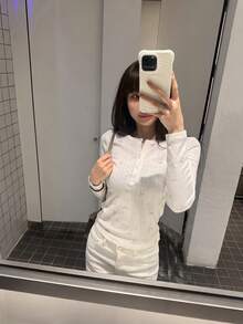 甜美女孩休閒提花兔子蝴蝶結印花女款亨利領長袖上衣，秋季 - 米白色 - 查看 5