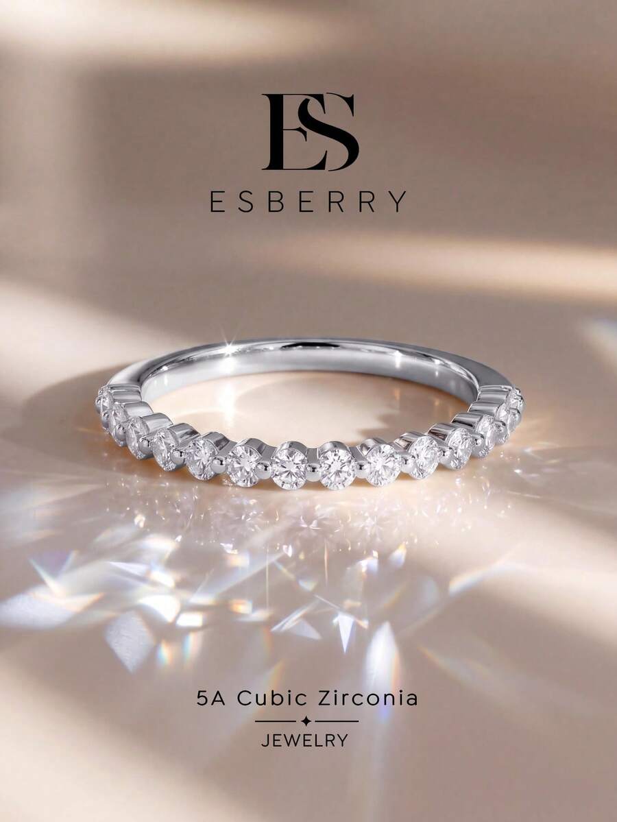 ESBERRY 1pc 1.5-2mm Round Cut Wedding Ring, Half Eternity Diamond Engagement Ring, Stackable, Single Prong Setting