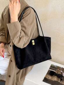 1pc Deep Coffee Color Mother-Daughter Bag Metal Lock Large Capacity Shoulder Bag Lock Closure Minimalist Retro Tote Bag Autumn Winter Office Commute Women's Handbag - A - View 6