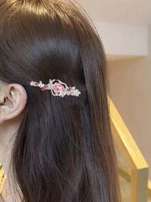 2pcs/1pc Sweet And Fresh Pink Heart Flower Rhinestone Hair Clips, Unique Side Bangs Hair Clips, Exquisite Hair Accessories, Suitable For Women, Travel, Birthday, Claw Clips - Multicolor - View 2