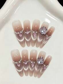10PCS Long Stiletto Handmade Press‑On Nails, Fall ‑Winter Press‑On Nails,Ice Transparent Gradient Smile French Cat Eye, Brown Base Nails,Suitable For Girls And Women Festivals Parties And Daily Wear - Rust Brown - View 9