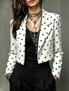 Women's White Polka Dot Short Blazer Woven Fabric Long Sleeve Classy Outfit - White - View 10
