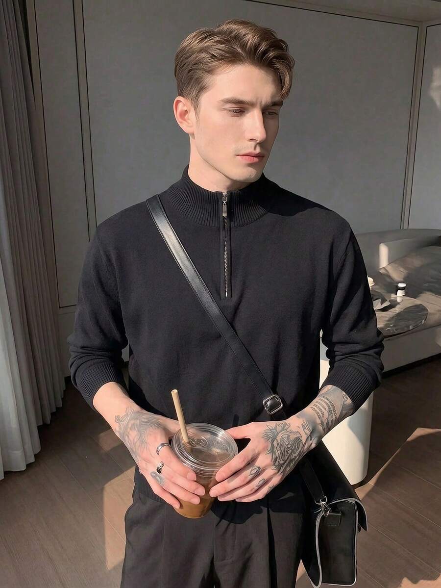 ALTZTAR Men's Solid Color Long Sleeve Zipper Half Placket Polo Shirt - Black - View 1