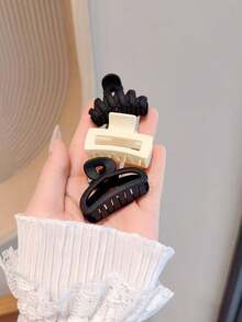 3Pcs Simple Matte Claw Clips In Black & Off‑White. Securely Hold Stray Hairs, Great For Half‑Up Hairstyles For Daily Wear. - Multicolor - View 12