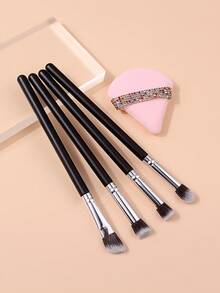 5pcs Makeup Brush Set, Face Contour Brush, Eyeshadow Brush, Concealer Brush, Precision Face Brush, Detail Shadow Brush, Triangle Powder Puff, Beginner Travel Makeup Tools - Black - View 4
