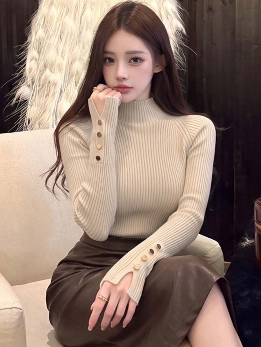 Women's Khaki Turtleneck Sweater, Knitted Pullover Top With Metal Button Decoration, Warm Layering Sweater For Commuting Autumn/Winter Fall - Khaki - View 1