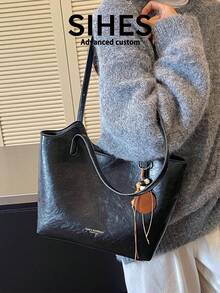 1pc Solid Color PU Leather New Women's Bag, Shoulder Bag, Fashion Versatile Handbag, Tote Bag, Dual Handles, Zipper Closure, Suitable For Commuting, Shopping, Dating, - Black - View 4