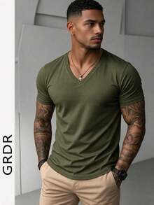 GRDR Men's Fashionable V-Neck Short Sleeve T-Shirt | Exquisite Design | Summer Essential | Easy To Match | Showcase Your Style - Army Green - View 3