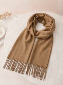 1pc Solid Color Knitted Scarf, Unisex Winter Warm Long Scarf With Tassels, Versatile Boyfriend Gift, Neck Warmer, Blanket - Khaki - View 5