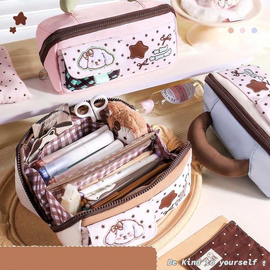 Yescholar 1pc Cute Dog Embroidered Large Capacity Pencil Case With Handle, Multi-Compartment Zipper Pen Bag With Front Pockets, Portable Stationery Organizer For Girls, Teens & Students, School & Daily Use - Cute Dog Embroidery Large Capacity Pencil Case - View 1
