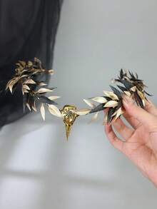 1件哥德式黑色葉子皇冠，附烏鴉頭骨與紅色水鑽吊墜鏈，吸血鬼額頭髮箍，適合暗黑Cosplay造型 - 黑金色 - 查看 5