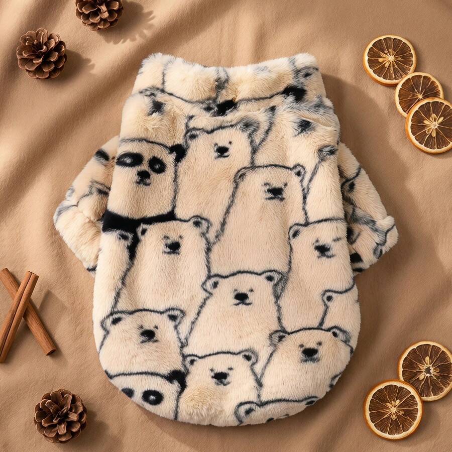 1pc Dog Coat, Cute Rabbit Fur Bear Print, Stand Collar Zipper Style Autumn/Winter Pet Jacket, Suitable For Small/Medium Dogs Puppy Clothes, Cat Clothes, Outdoor And Indoor Wear In Cold Weather - Beige - View 1