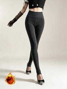 1Pc Women's Heather Gray Vertical Rib Thermal Tights, Fleece Lined Stirrup Warm Pantyhose, Winter Base Layer Socks For Skirt Matching - Multicolor - View 2