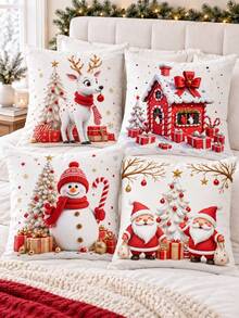 shangxia 4PCS--White Background Cartoon Winter Throw Pillow Covers, Red Clothes Old Man Red House Deer Snowman Sofa Decorative Cushion Covers--(Pillow Inserts Not Included)-- (Multiple Sizes) - Multicolor - View 7