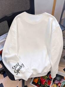 Halloween Women's V-Neck Sweatshirt, Ghost English Cute Print, Loose Long Sleeve Pullover, Casual Autumn Street Style Versatile Top - White - View 6