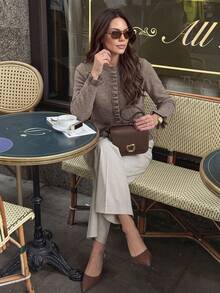 French Gentle Style Ruffle Trim Knitted Cardigan For Women, Early Autumn Short Cropped Gold Button Waist-Cinching Slimming Sweater Jacket, Versatile For Daily Commute And Date - Khaki - View 5