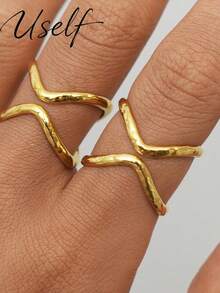 Uself 2pcs/1pc Waterproof 18K Gold Zirconia Stainless Steel Rings, Suitable For Women, Luxurious Elegant Statement Ring, Engagement Jewelry, Anti-Oxidation Jewelry, Gift For Her - Multicolor - View 2