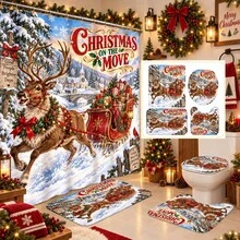 1件/4件裝復古鄉村鹿 sleigh 圖案多功能浴室裝飾浴簾套組，附贈12個掛鉤，高級節日氛圍，含浴室地墊、U型地毯與圓形馬桶蓋套，適用所有場合，浴室套裝 - 復古鄉村麋鹿雪橇 - 查看 1