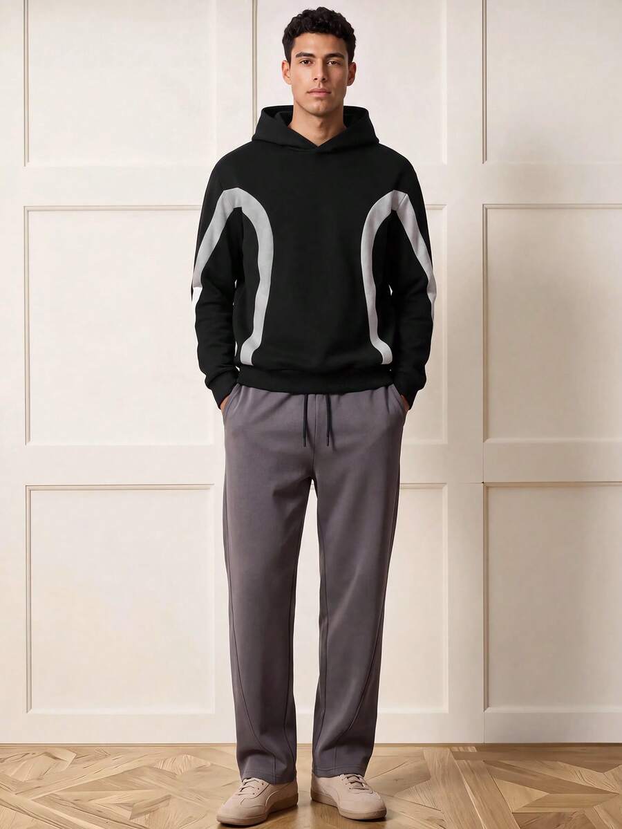 Voidago Set Hoodie dan Celana Jogging Kasual Musim Semi Pria dengan Motif Patchwork - Hitam - View 1