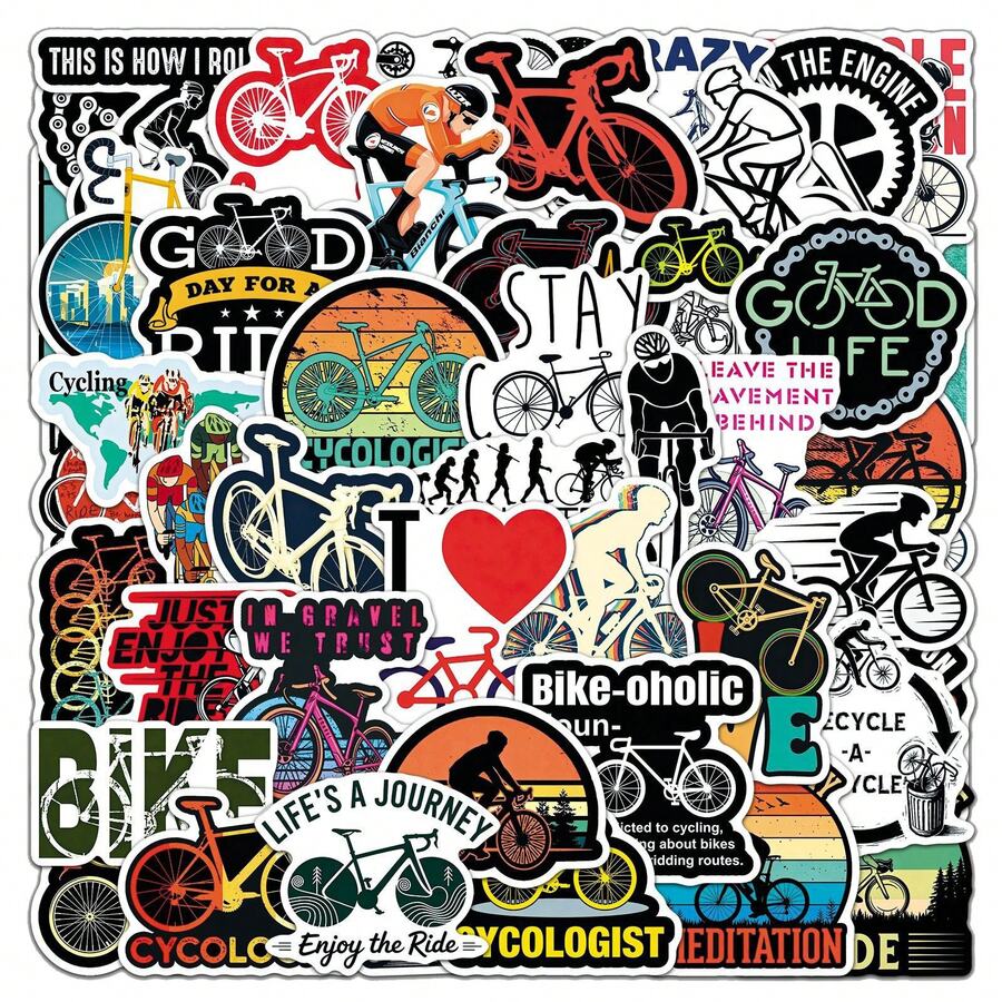 50Pcs Cool Bike Aesthetics Scrapbook Stickers Pack Funny Cycling Stickers Bicycle Decoration Merch Vinyl Waterproof Stickers For Water Bottle,Computer,Laptop,Phone,Luggage,Notebook,Fridge