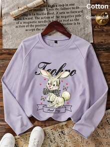 Autumn Girls' Long Sleeve T-Shirt With Bunny, Bow & Text Print, White Round Neck Y2K - Mauve Purple - View 3