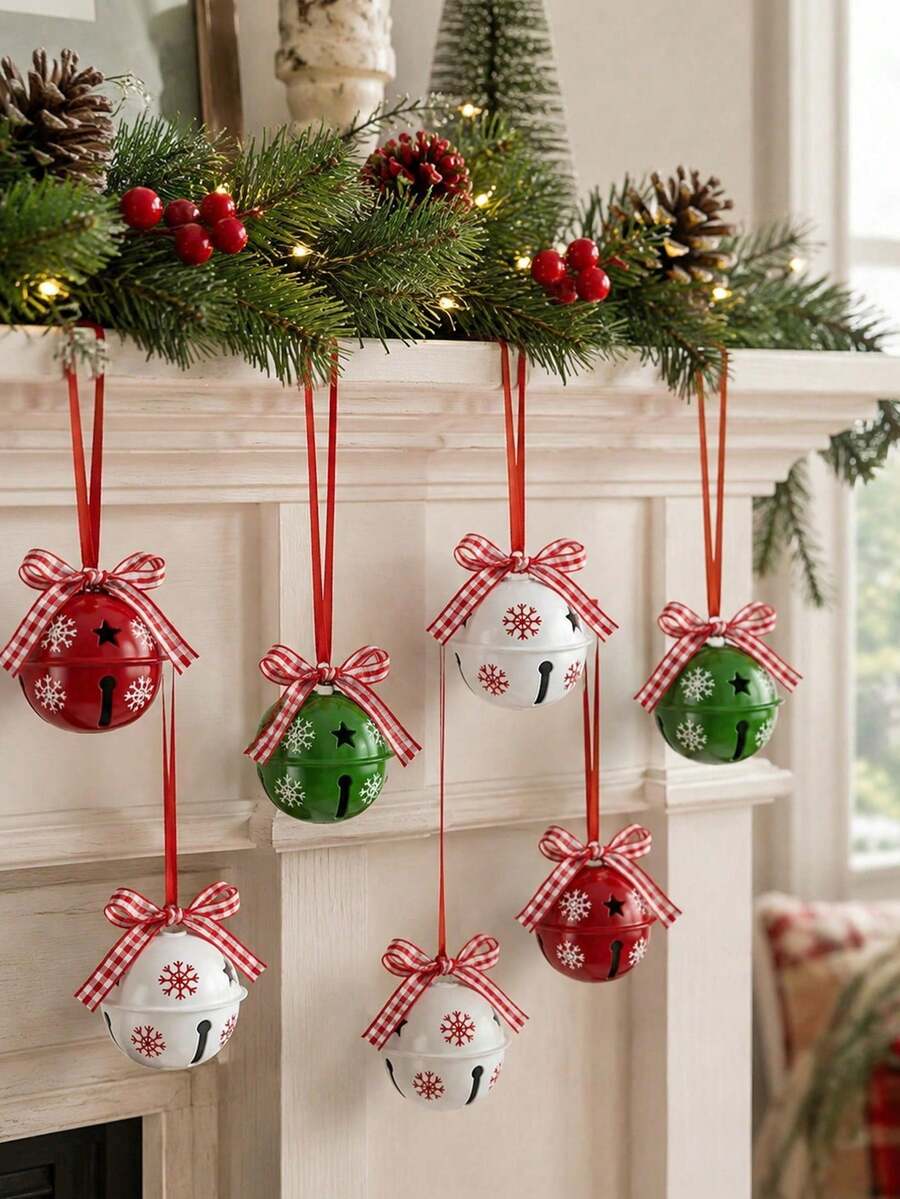 12pcs Random Assortment Set, Includes Christmas Bells, Hollow Star Print Pendants With Red Ribbons And Bows, Suitable For Holiday Party Decor, DIY Home Decor, Outdoor Decor And Christmas Tree Ornaments