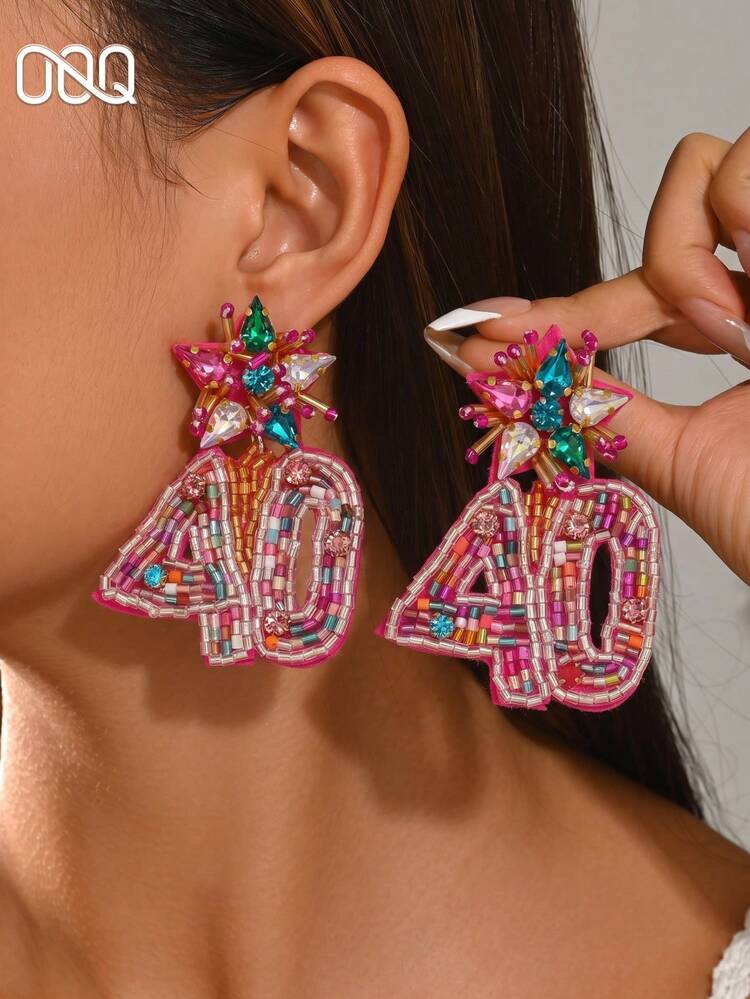 OOQ 1 Pair Party Style Rose Red 3D Number Beaded Women's Fashion Earrings Exaggerated High-End Design Handmade Ear Jewelry Suitable For Party Celebration Holiday Ball Party Wear (Handmade Beaded Color Quantity Position Random) - Color 40 - View 1