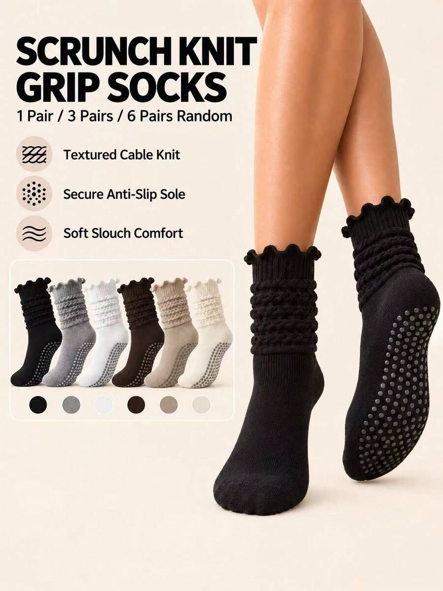 1/3/6 Pairs Random Styles Women's Slouch Pilates Grip Socks, Cable Knit Non-Slip Scrunch Crew Socks For Yoga, Barre & Home - Multicolor - View 1